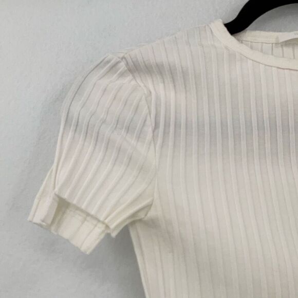 Helmut Lang Ivory Ribbed Uneven Hem Pima Cotton Blend Short Sleeve Knit Top XS - Picture 6 of 7